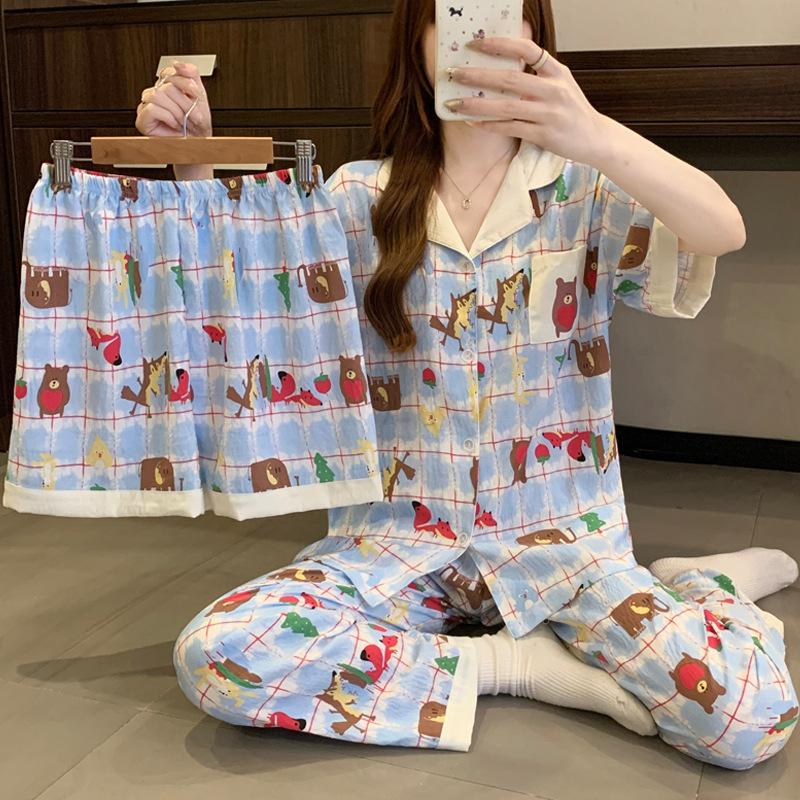 Animal Paradise Plaid Contrast Cloud Cotton Pajamas Women'S Summer Short Sleeve Casual Sweet Three-Piece Loungewear