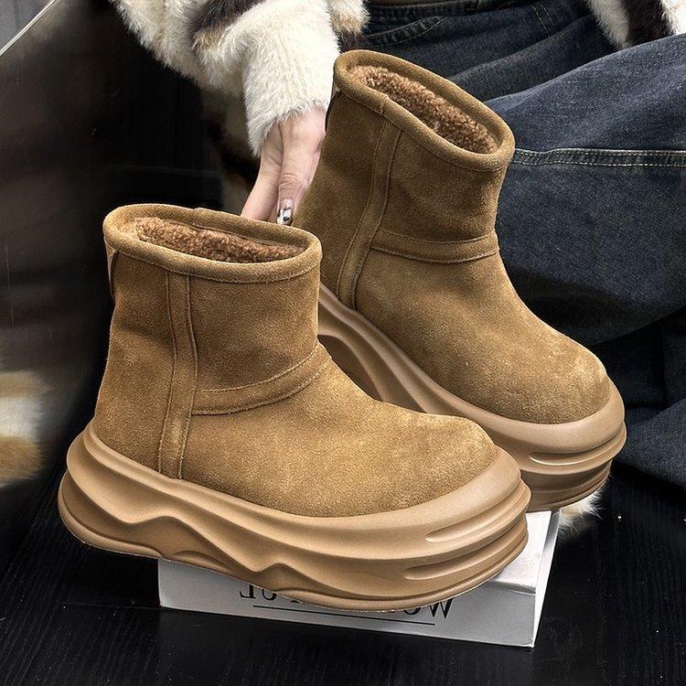 Soft Leather Version~ 2025 Winter New Ugly Cute Big Head Velvet Thickened Muffin Thick Bottom Heightening Snow Boots Women's Short Boots