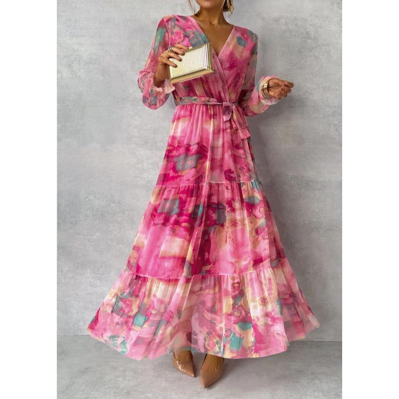 Women's Long Sleeve V Neck Watercolor Print Ruffle Hem Maxi Dress with Belt