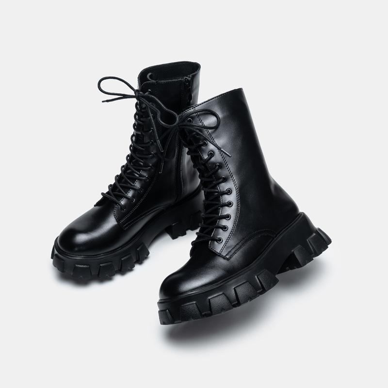 Martin-Stiefel für Damen, dicke Sohle, Schnürstiefel im britischen Stil, modische Damenschuhe mit mittelhohem Absatz und runder Spitze