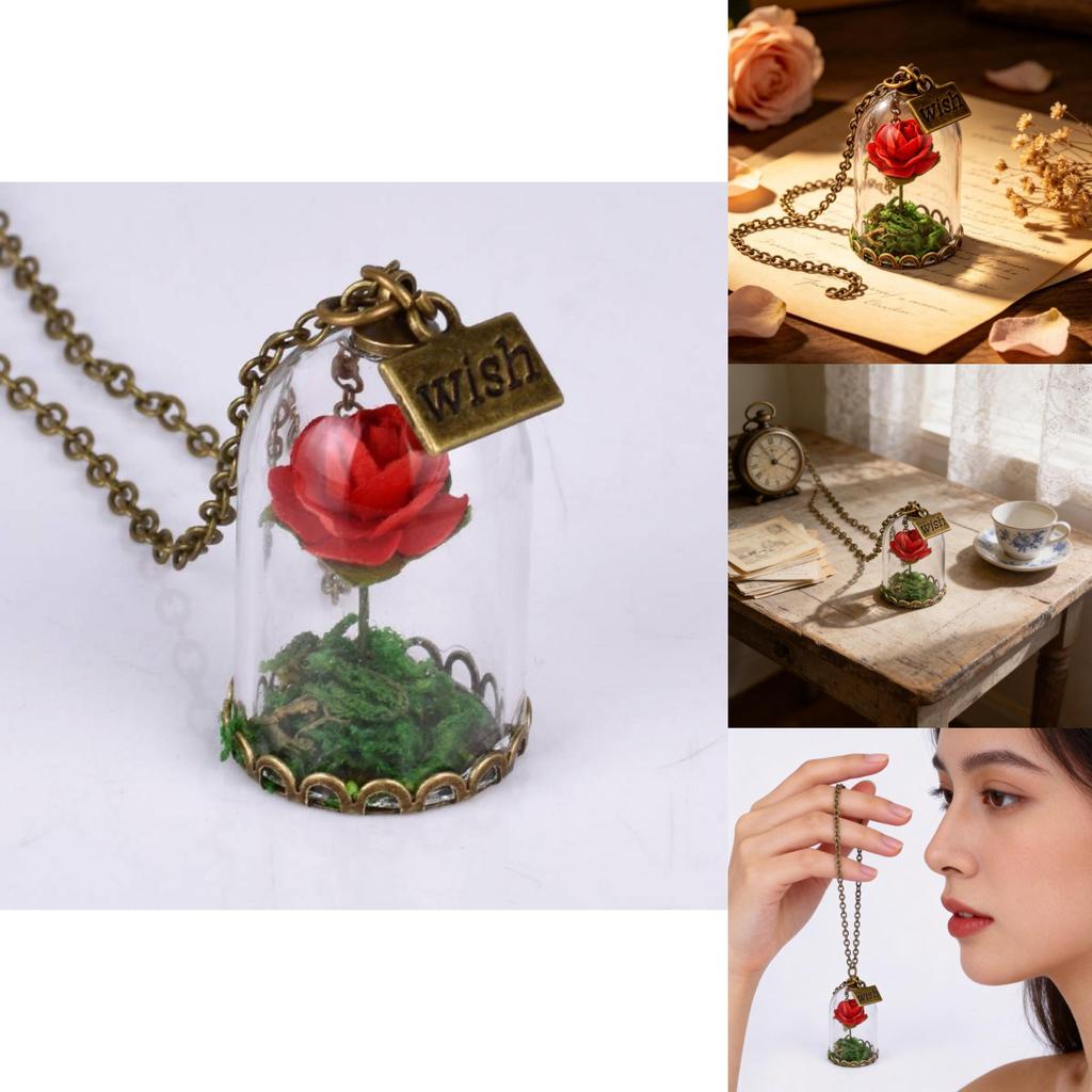 Collana Vintage Fiore di Rosa con Ciondolo in Cristallo Fatto a Mano per Donna