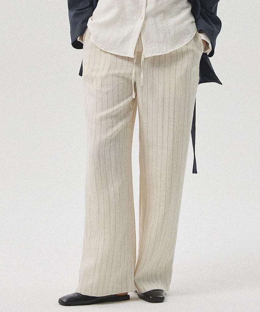 Aheule Sero Linen-Like Stripe Banding Wide Straight Pants_Beige