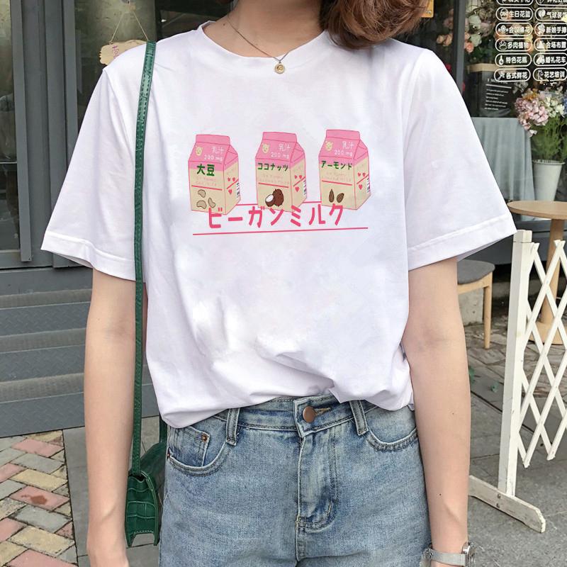 Kawaii Women T-Shirt Cartoon Milk Print Funny Top Female T Shirt Ulzzang Harajuku Aesthetic Casual O-Neck Ladies Tee Clothing