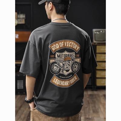 2025 Summer New Retro Motorcycle Print Tshirt Cotton Loose and Fashionable Shortsleeved Streetwear for Men and Women
