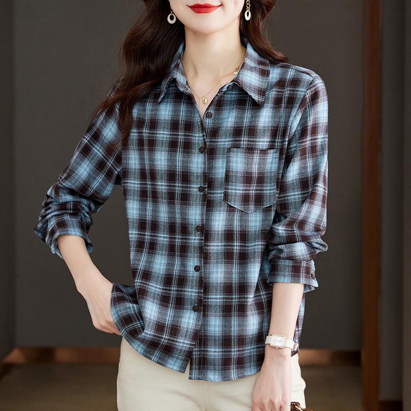 Plaid Shirt Women's Long-sleeved Spring Clothes New Literary and Retro Top Thickened Shirt