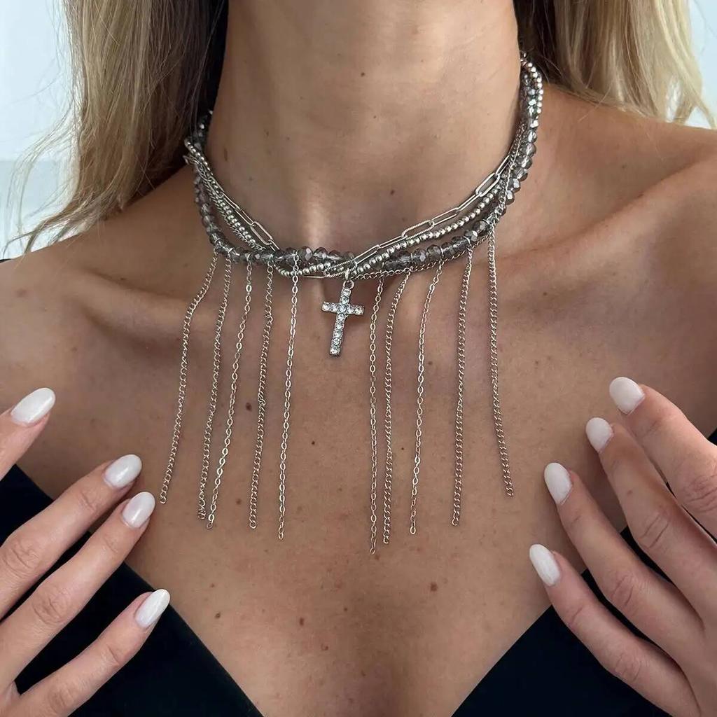 IngeSight.Z New Cross Zircon Bead Necklace Fashion Trend Accessory Cross Glass Tassel Necklace Suitable Women Party Jewelry Gift