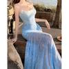 French Seaside Vacation Atmosphere Blue Floral Suspender Waist Dress Women's Summer Sexy Pure Desire Fishtail Dress