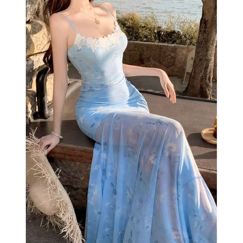French Seaside Vacation Atmosphere Blue Floral Suspender Waist Dress Women's Summer Sexy Pure Desire Fishtail Dress