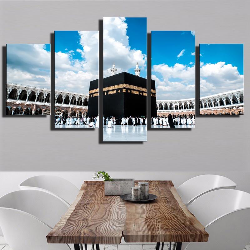 5 Pieces Poster Printed Modular Picture Canvas Painting Islamic Religious Hajj Round Wall Art For Musilm Living Room Home Decor