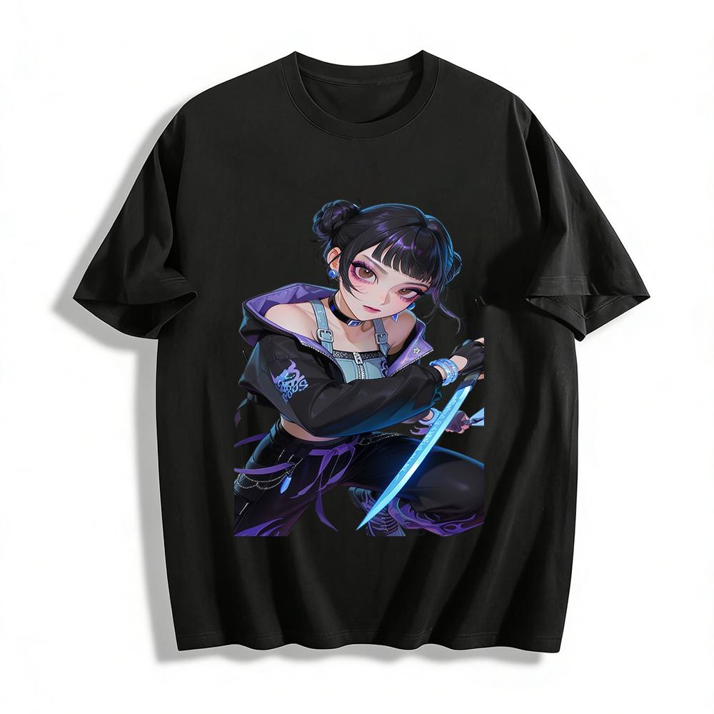 

Cyber Style Cool Double Bun Girl Print Top Trendy Street Loose Casual Long Sleeve T-Shirt Pure cotton T-shirt XXS