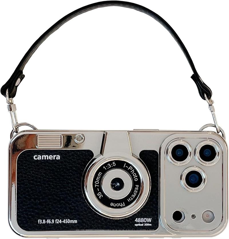 3D Vintage Camera Phone Case with Hand Strap for IPhone Air 17 16 15 14 13 12 Pro Max Plus 17Pro Shockproof Phone Leather Cover