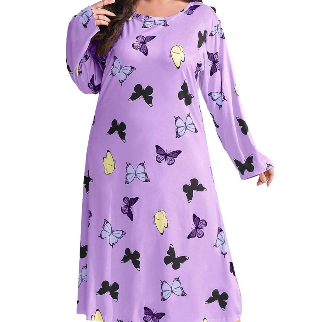 2025 European Plus Size Long Sleeve Butterfly Heart Leopard Print Nightgown