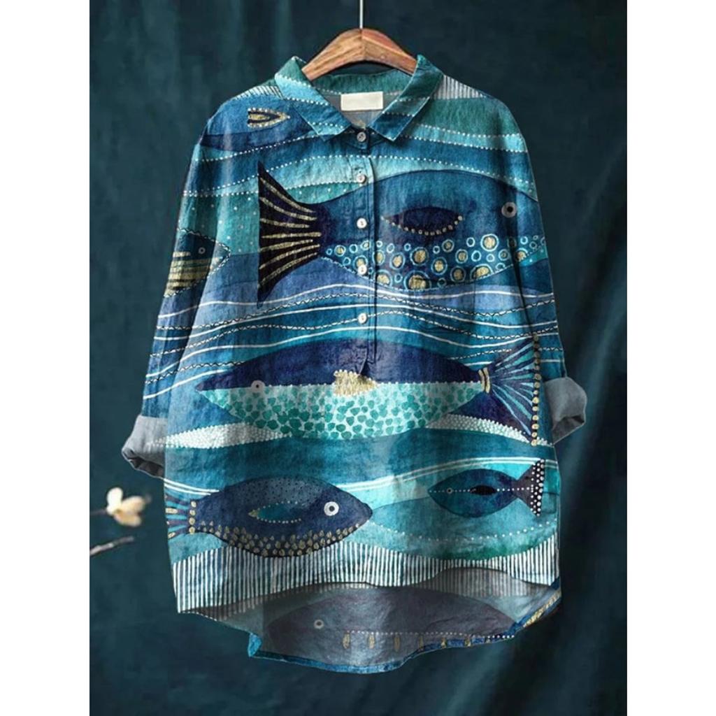 Women's Turn Down Collar Long Sleeve Floral Print Shirt Loose Fit Elegant Casual Blouse