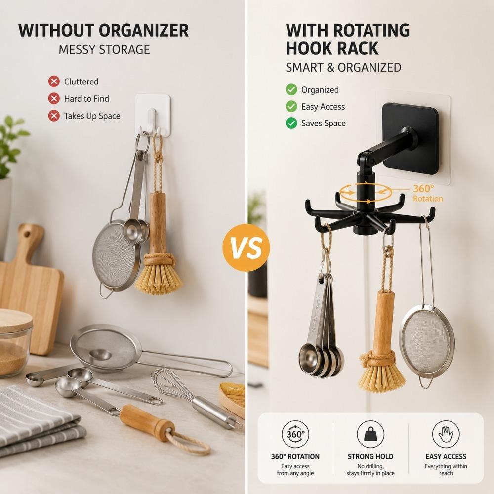Self Adhesive Kitchen Utensil Hook Rack 360 Degree Rotating Folding Wall Hanger for Spatulas Spoons Ladles and Cooking Tools