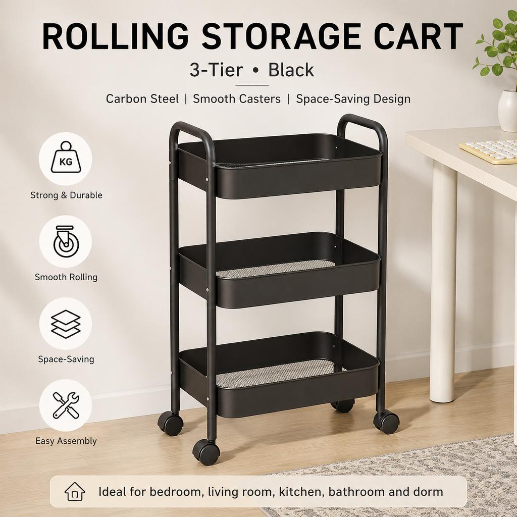 Rolling Storage Cart Multi-Tier Floor Carbon Steel Organizer Rack with Wheels for Kitchen Bathroom Dorm Room