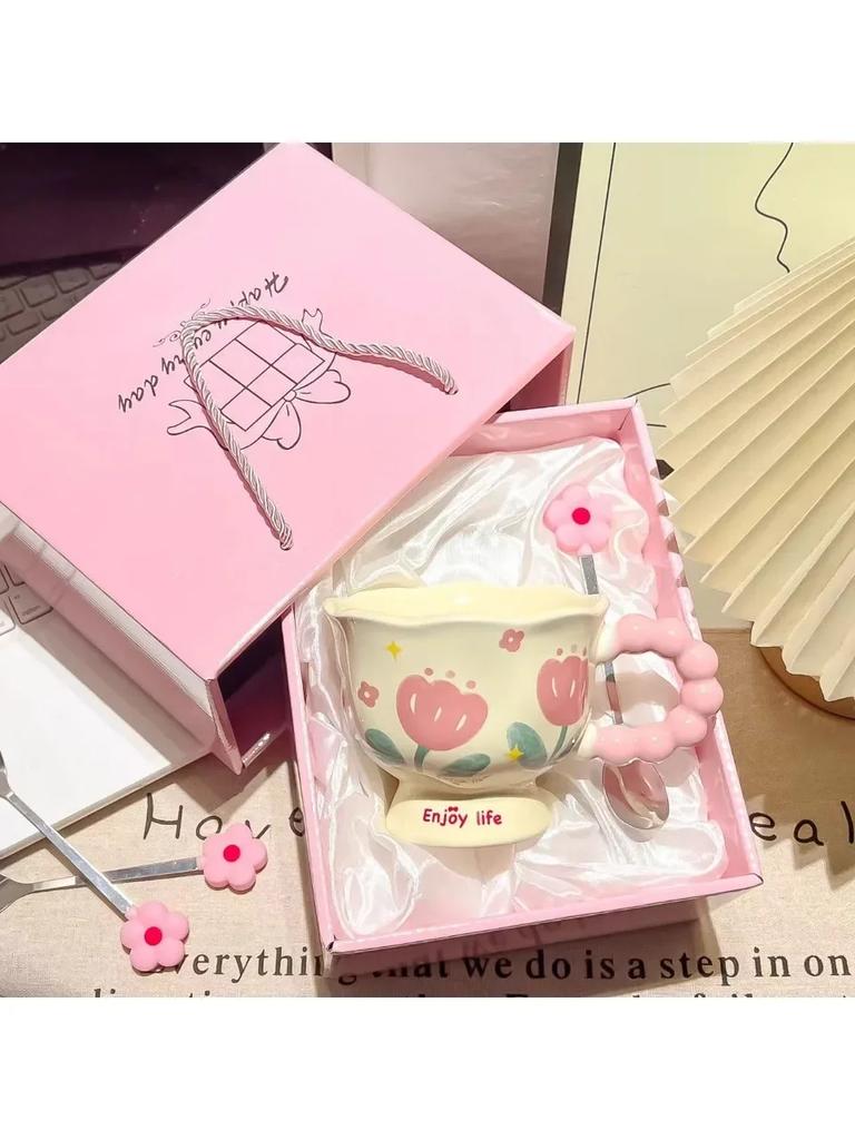 Girls Birthday Gift Ceramic Coffee Mug Creative Flower Design High Value Household Cup