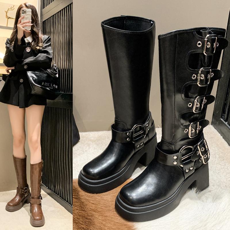 New Style Popular Woman Boots Knee High Platform Elegant Low Heel Trend Punk Gothic Rock Leather Fashionable Women's Shoes