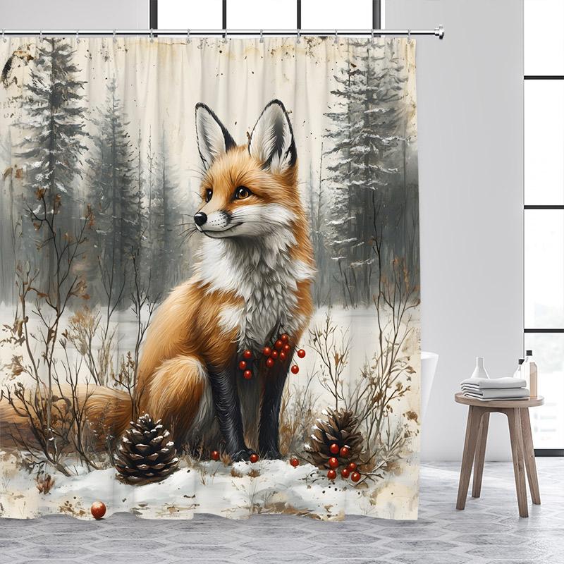 Funny Fox Shower Curtain Autumn Forest Maple Leaves Animal Fall Art Scenery Bath Curtains Fabric Home Bathroom Decor with Hooks