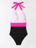 2025 Stylish European & American High-Waisted Backless Color Block One-Piece Swimsuit