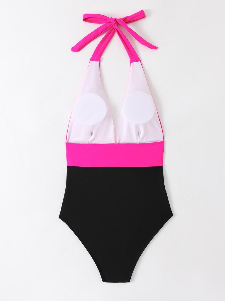 2025 Stylish European & American High-Waisted Backless Color Block One-Piece Swimsuit