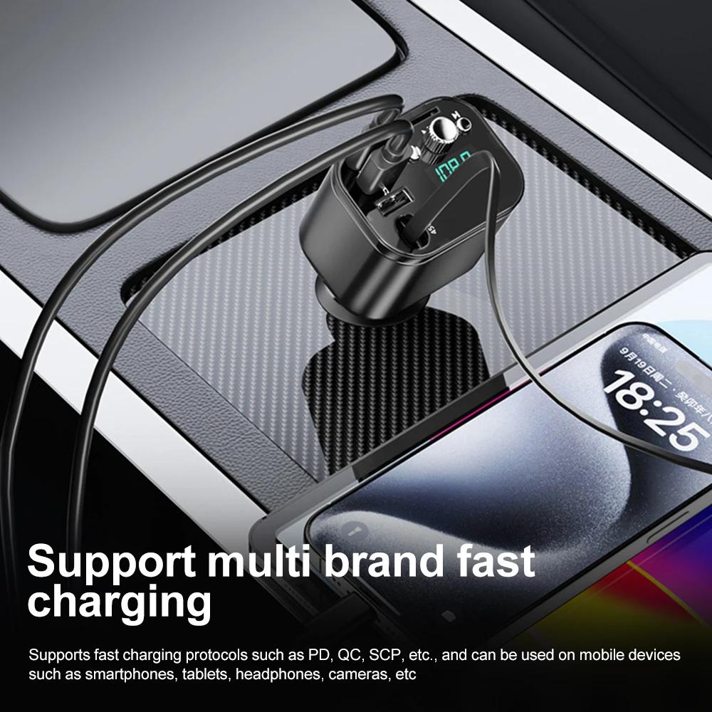 3 IN 1 Dual USB PD QC3.0 Retractable Car Charger Bluetooth 5.0 Handsfree Call Wireless Car Kit FM Transmitter MP3 Music Player