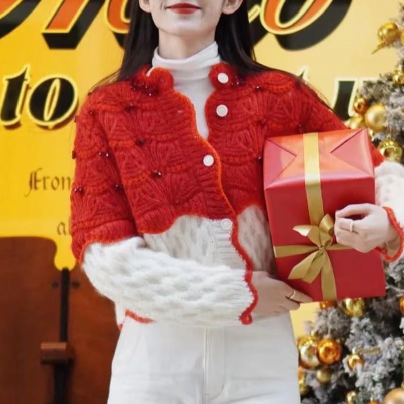 Zhou Ye Zodiac Red Knit Cardigan - French Retro Design, Color Block Top for Spring.