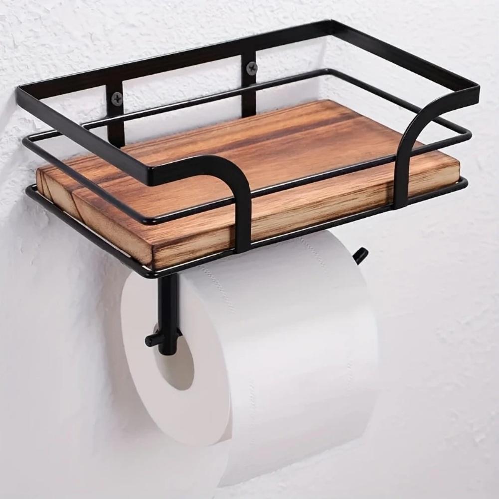Wall mounted forged iron tissue holder with recycled wooden storage rack - space saving bathroom organizer