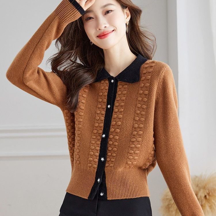 Women's Spring & Autumn Color-Block Collared Knit Cardigan High-End Outer Wear Stylish Top Sweater Short Jacket