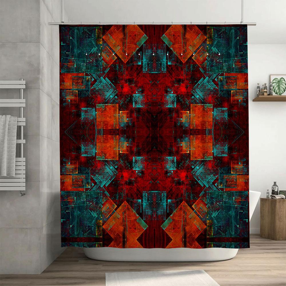 Abstract Geometric Shower Curtain Waterproof Fabric With Red, Blue, Orange, And Green Design For Bathroom Decorations In Various