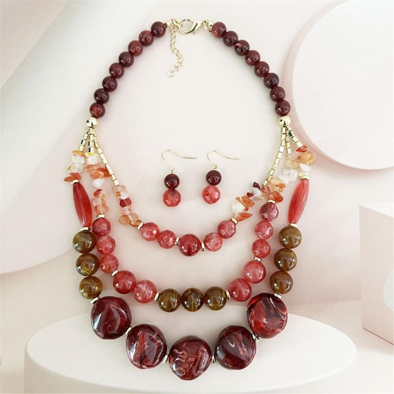 Layering Beaded Collarbone Necklace Set with Matching Earrings Fashionable Multi Strand Acrylic Jewelry For Women
