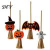 Bat Shape Party Ornament Halloween Mini Broomstick Ornament, Witch Pumpkin Ghost Decor with Natural Grass Miniature Holiday Set Broom, Festive
