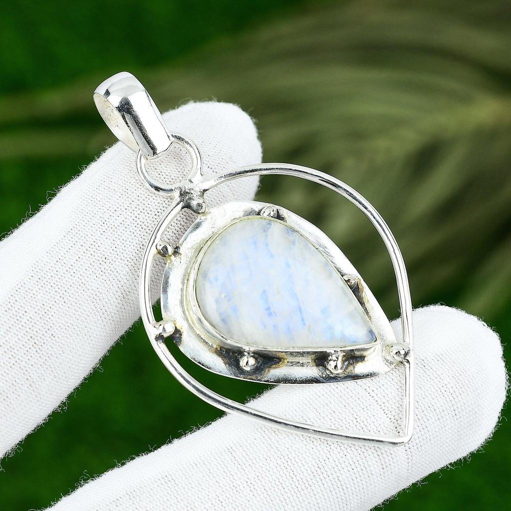 Natural Rainbow Moonstone Gemstone Pendant 925 Sterling Silver Indian Jewelry