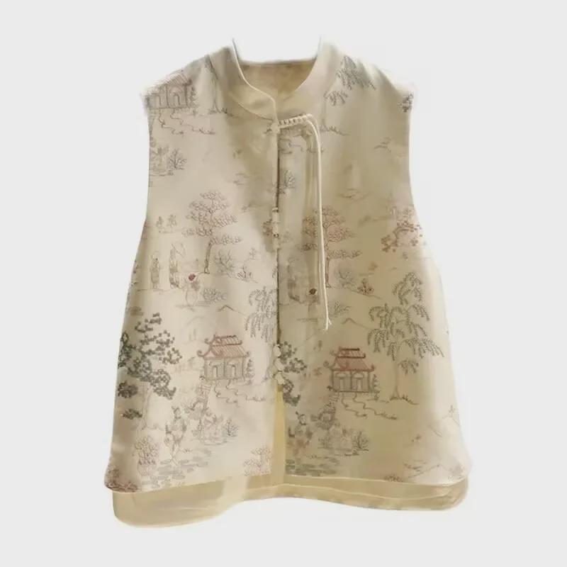 Dámský čínský zenový oblek Tang vyšívaná vrstvená vesta na jaro a léto