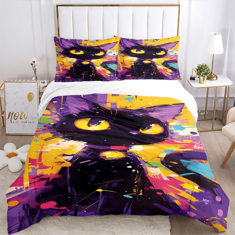 3pcs Colorful Cat Artwork Bedding Set - 1 Duvet Cover + 2 Pillowcases(Core Not Included), Machine Washable Polyester yy251216108