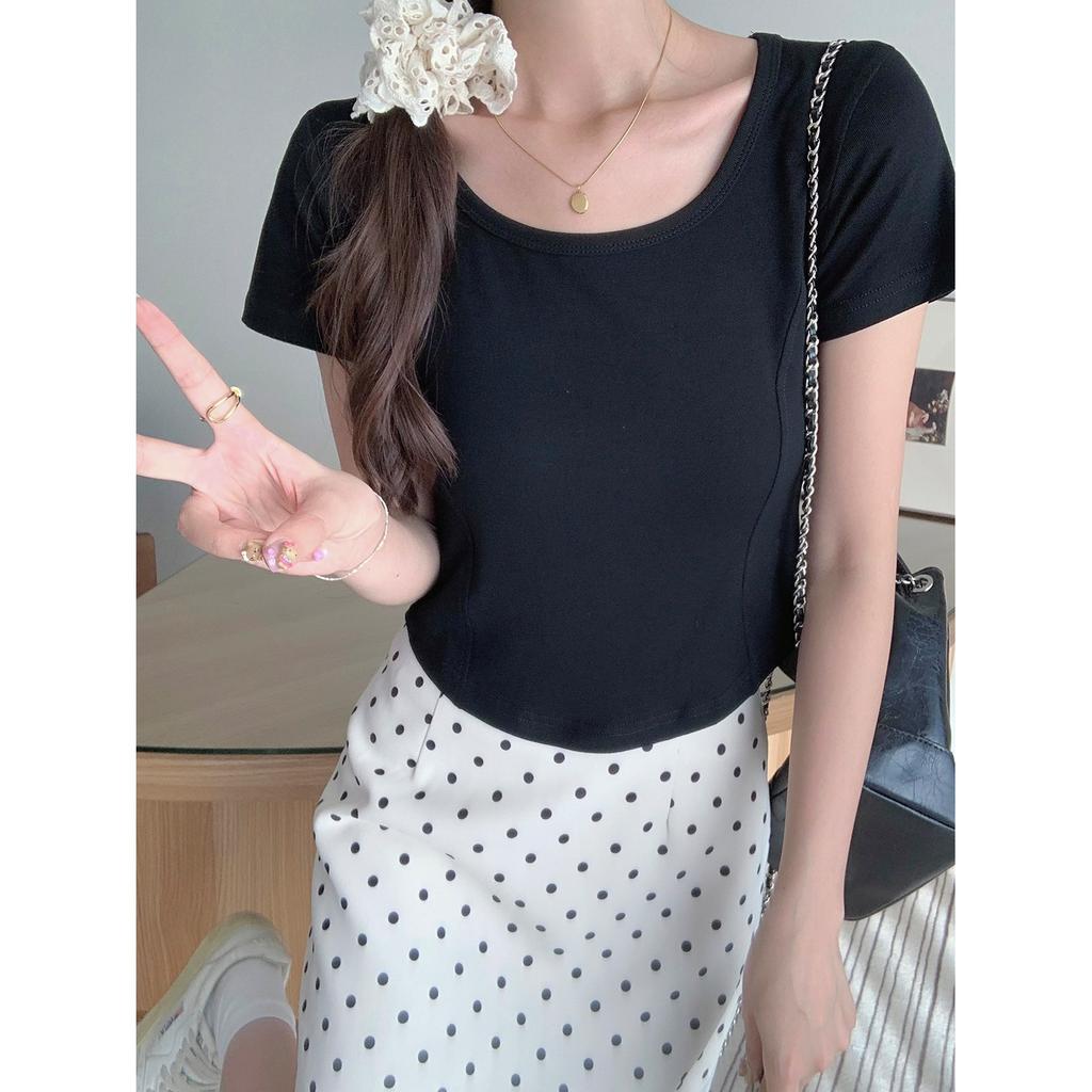 Special Model American Retro U-neck Short-sleeved Women's T-shirt Summer Thin Slim Fit Pure Desire Positive Shoulder Exposed Collarbone Tide