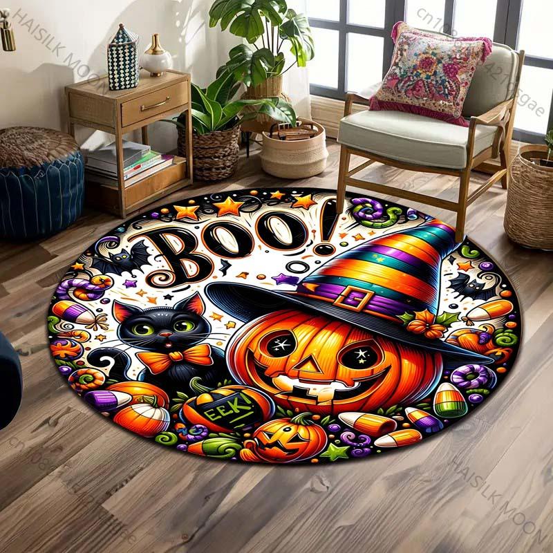 Pumpkin Head Bat Castle Halloween Round Carpet Floor Mat Suitable for Children's Bedroom Decor Living Room Round Rugs for Gifts