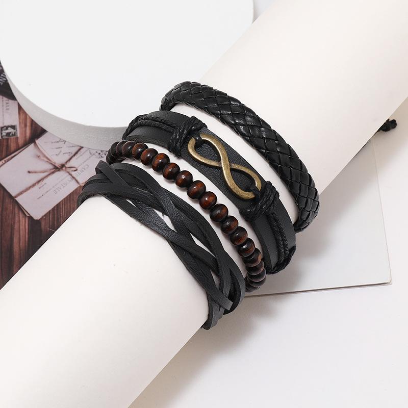 Trendy Infinity Wood Bead & PU Leather Bracelet Set: Retro Multi-Layer Artistic Jewelry
