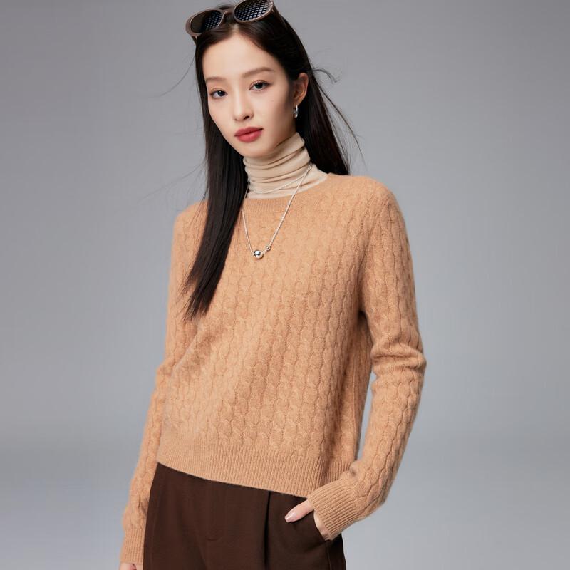 Paruo Women's 100% Cashmere Round Neck Cable Knit Sweater