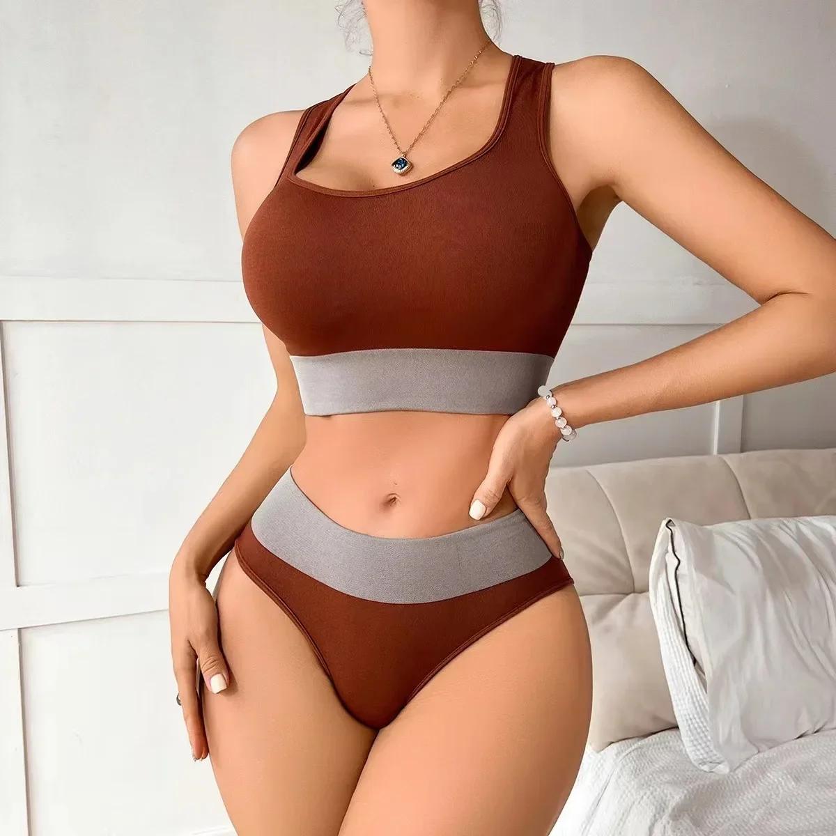 

Women Seamless Bra Set Sexy Panties Mid Waist Comfortable Sports Underwear Set Tank Tops Lingerie Female Wire Free Brassiere L коричневий