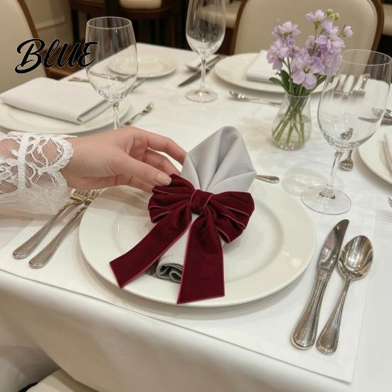 Elegant Retro Table Fabric Holders Velvet Napkin Bow Decorations 6Pcs Rings Christmas Red Decor Green Rings for Dinner Holiday