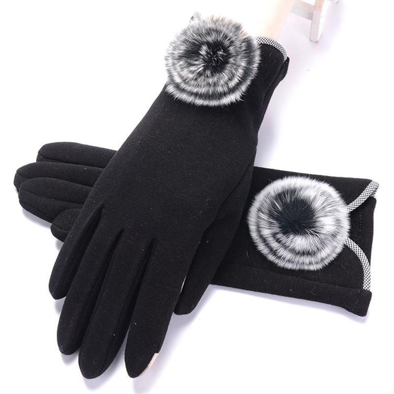 New Female Autumn Winter Non-Inverted Velvet Cashmere Full Finger Warm Lace Gloves Women Cotton Touch Screen Gloves G82