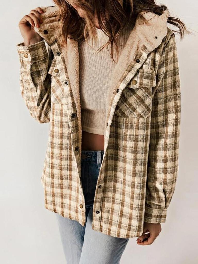Fall Winter Women's Plaid Jacket Long Sleeve Hooded Cozy Coat with Pockets