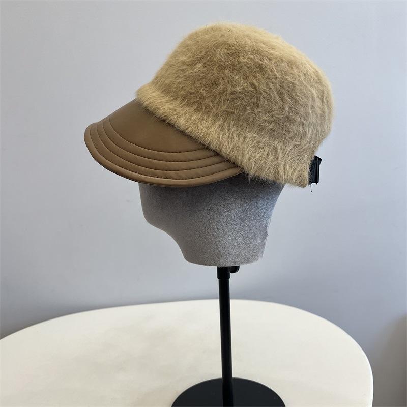 

Вязаная шапка-котелок из кроличьего меха с кожаным козырьком, женская литературная и артистичная шапка с маленьким козырьком, тренд осени и зимы M（56-58cm） хаки