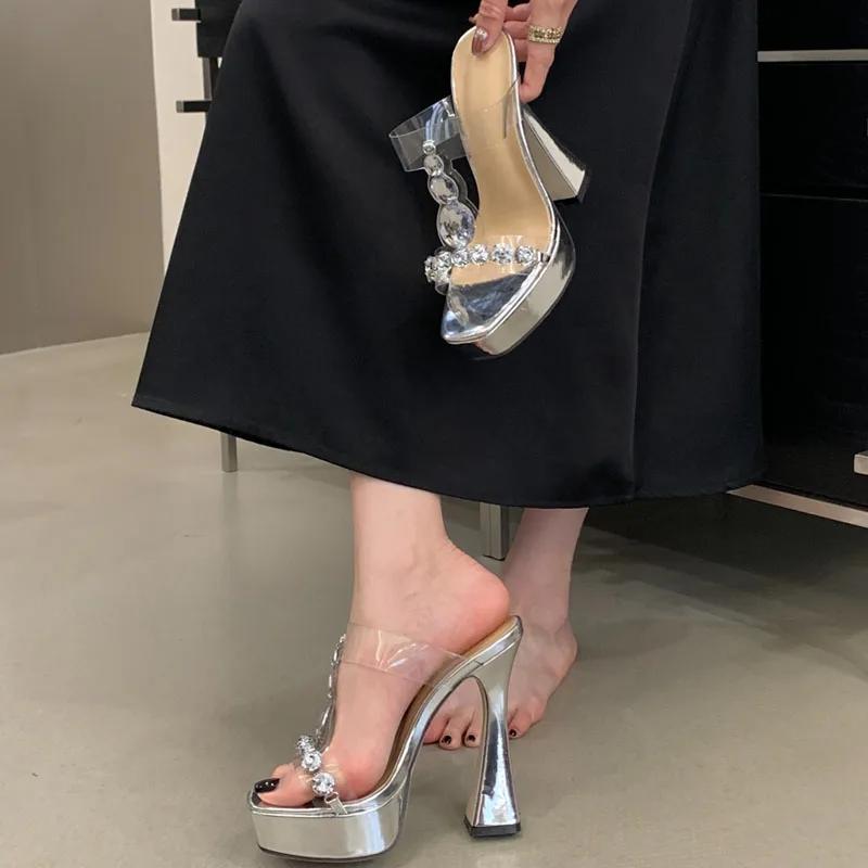 Pesstwei Luxury Crystal Clear PVC Platform Mules Women Silver Chunky High Heels Rhinestone Party Clubwear Sandals