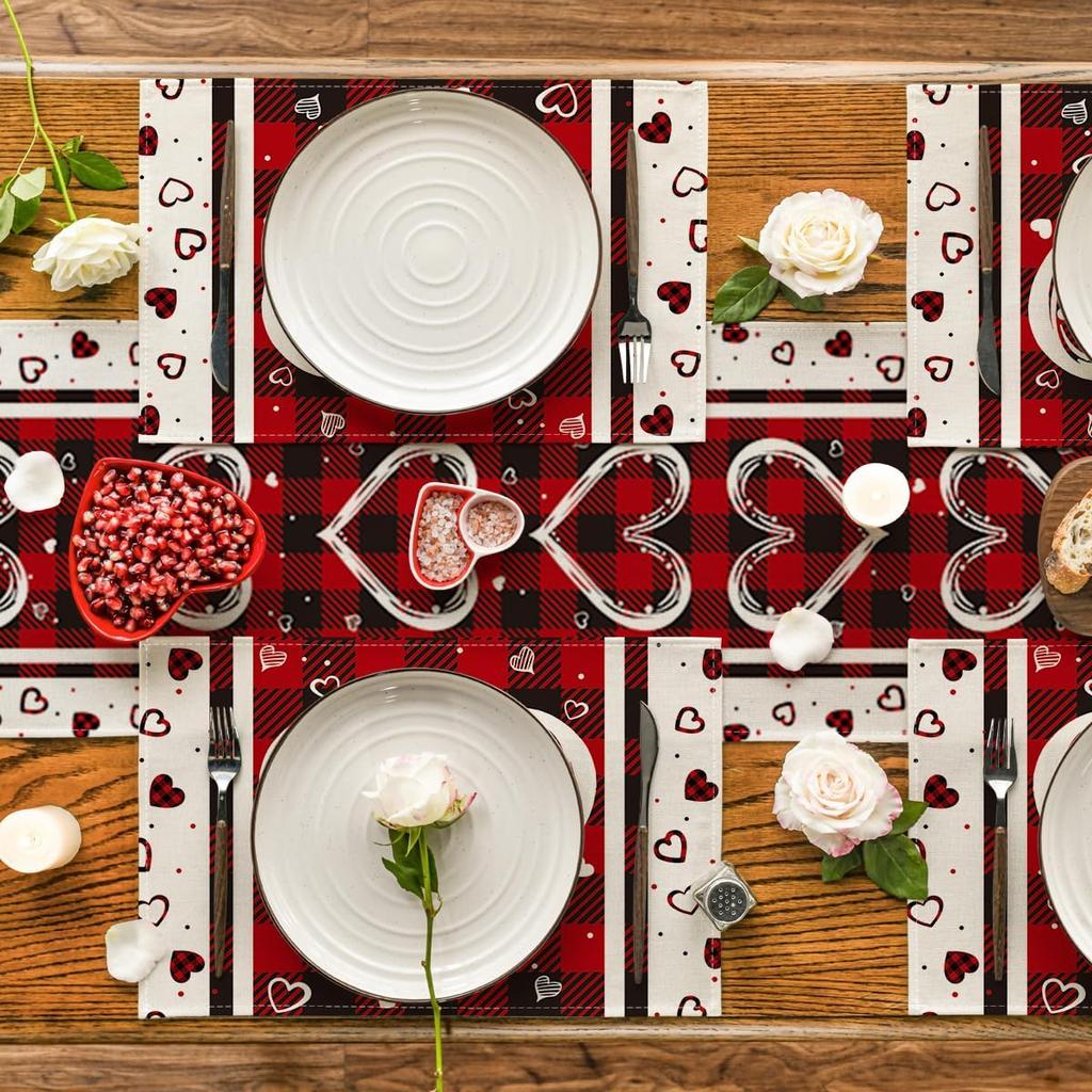 Red Black Love Mother's Day Placemats Set of 4, 12x18 Inch Seasonal Holiday Table Mats for Party Kitchen Dining Decoration