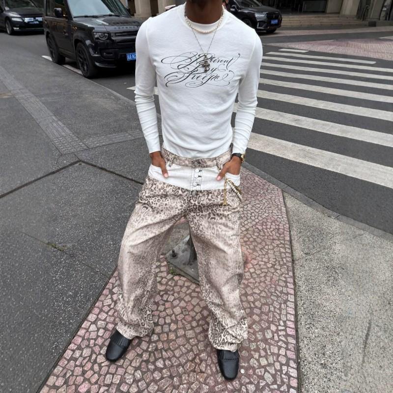 Mens Baggy Jeans Leopard Print Patchwork Relaxed Straight Leg Vintage Casual Pants