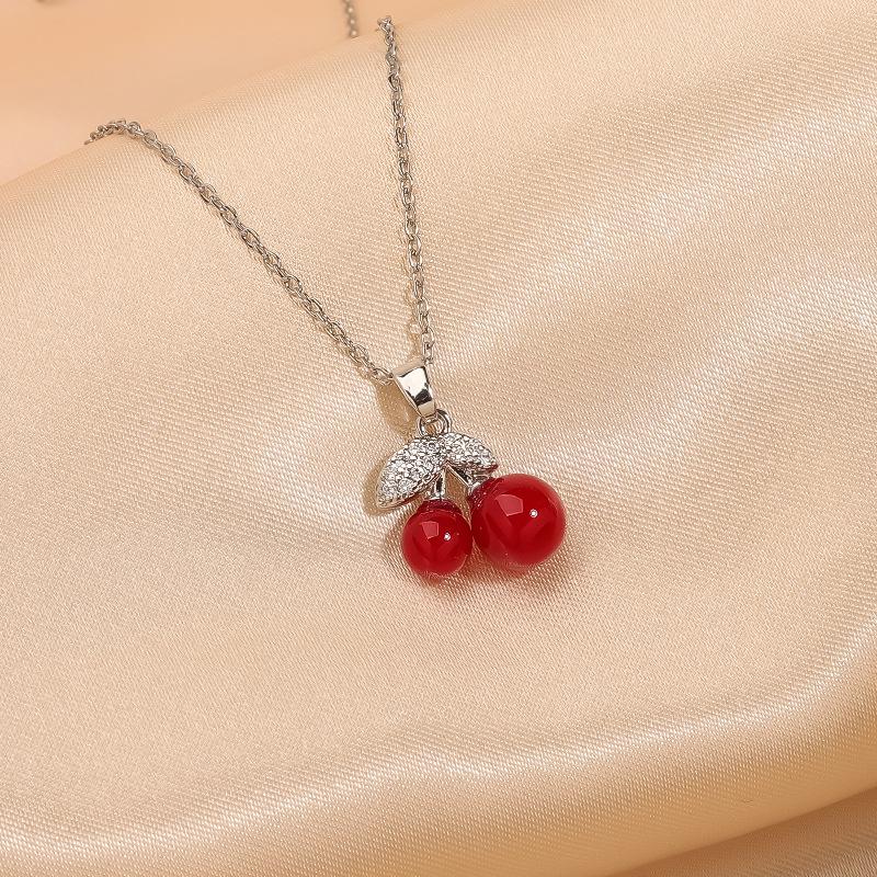 Women's Luxury Zircon Cherry Pendant Necklace - Elegant Copper Clavicle Chain