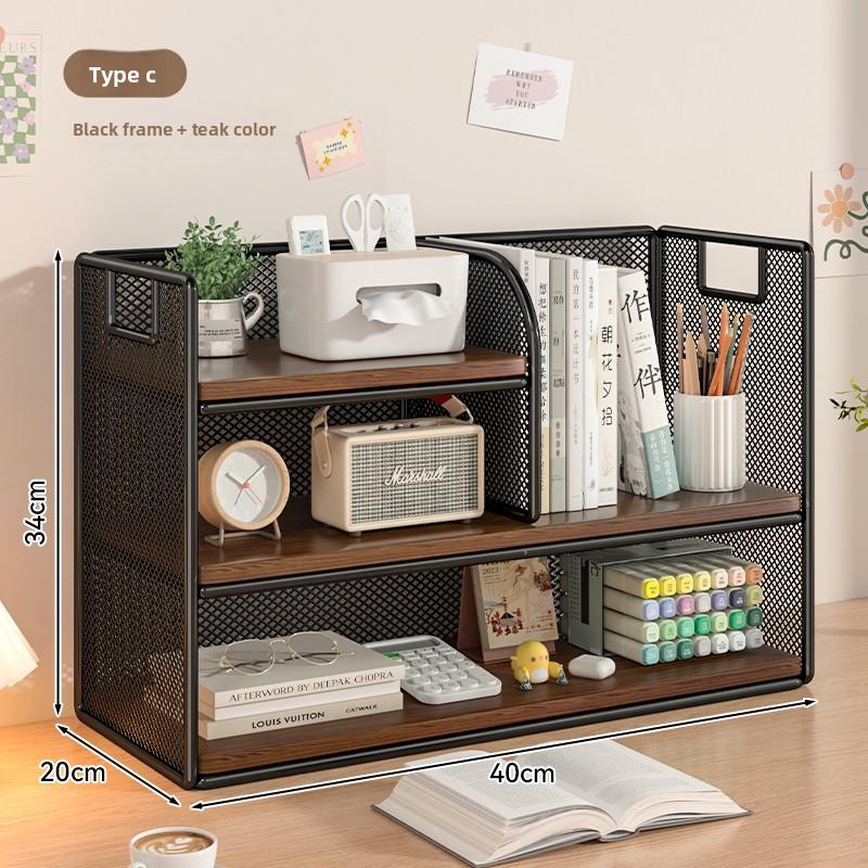 Dense Mesh Iron-Wood Multi-Tier Desktop Organizer Office Storage Rack Ventilated Space-Saving Multi-Function File Holder Shelf