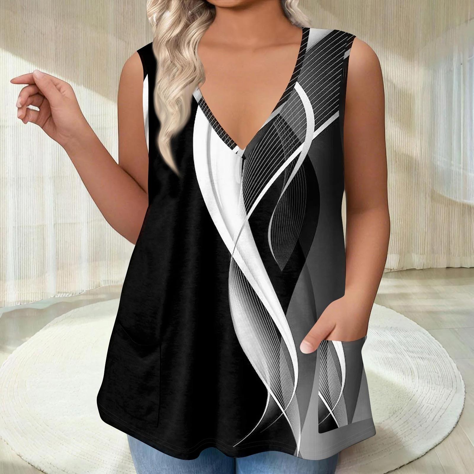 

Женская футболка с V-образным вырезом, свободная жилетка с карманами, футболка с принтом снизу XXXL чёрный