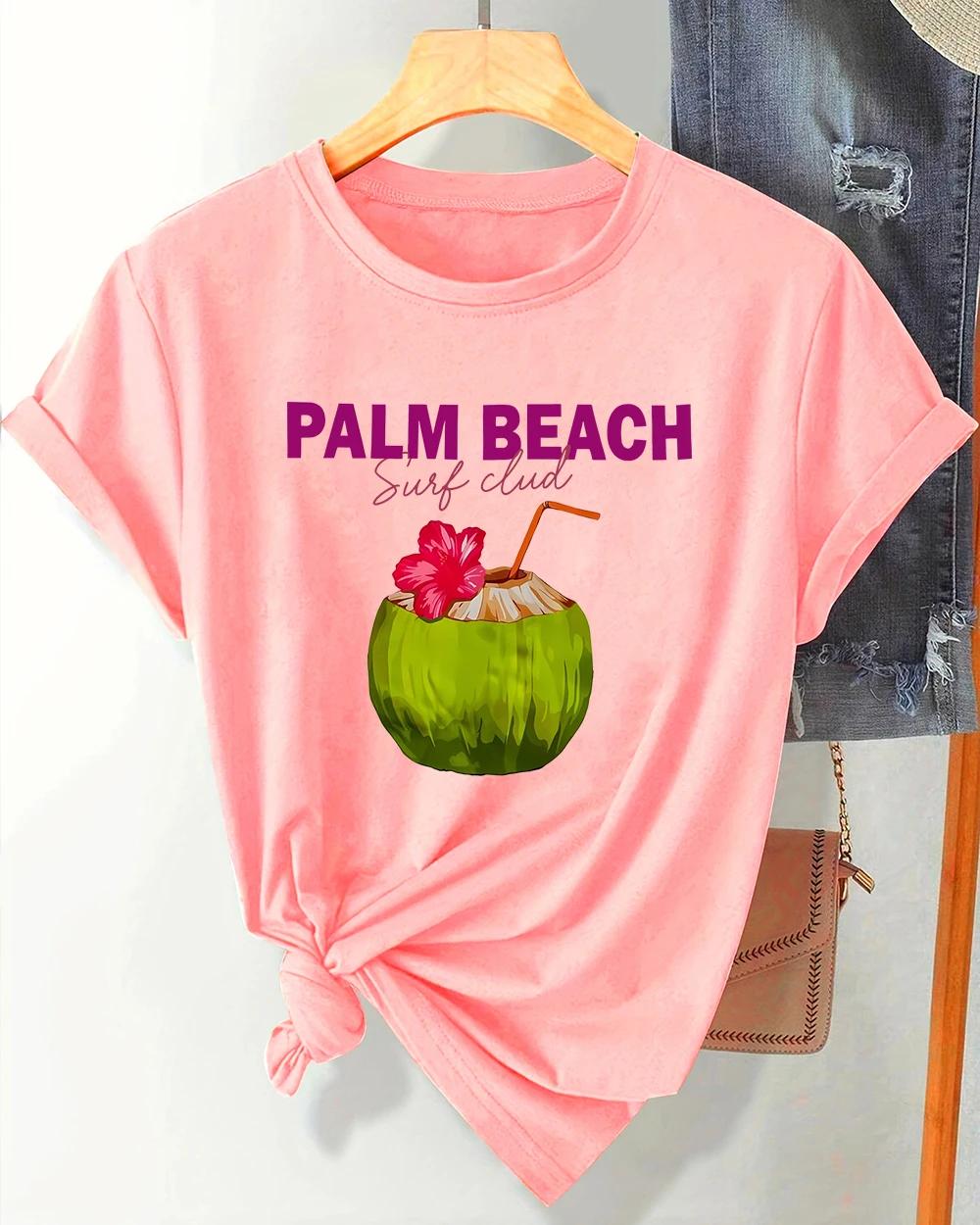 

Palm praia fresco coco juiceretio camisetas mulher confortvel t camisa esporte allmatch roupas crewneck macio Unisexga curta 4XL